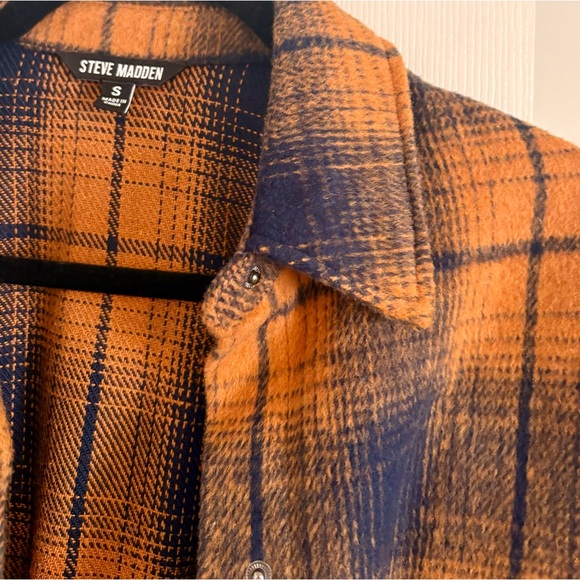 Steve Madden Sophia Shirt Jacket Shacket Sz S Orange Navy Plaid Peacoat Pockets - Picture 4 of 4
